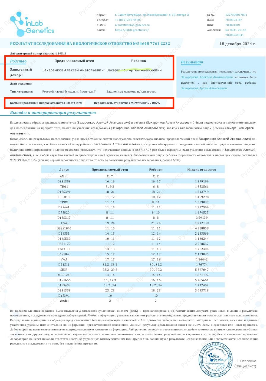 Данные генетической экспертизы Захаренковых Алексея и Артема