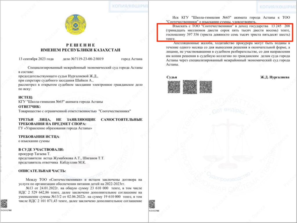 Судебное решение по школе-гимназии № 65 города Астаны